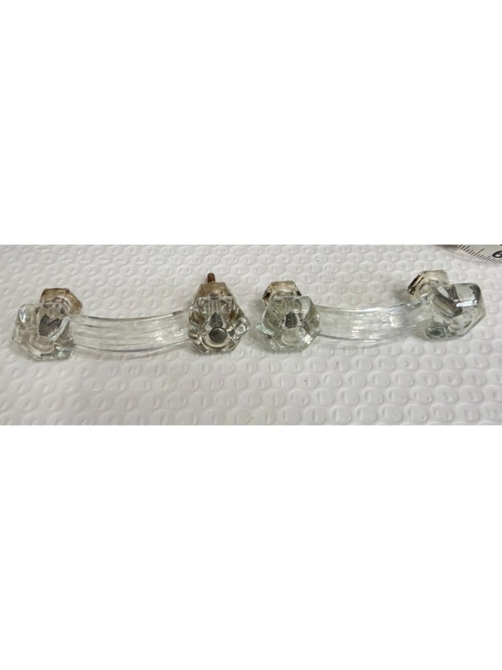 2 Vtg  Style Clear Glass Cabinet Pulls Handles  Curved Faceted Drawer